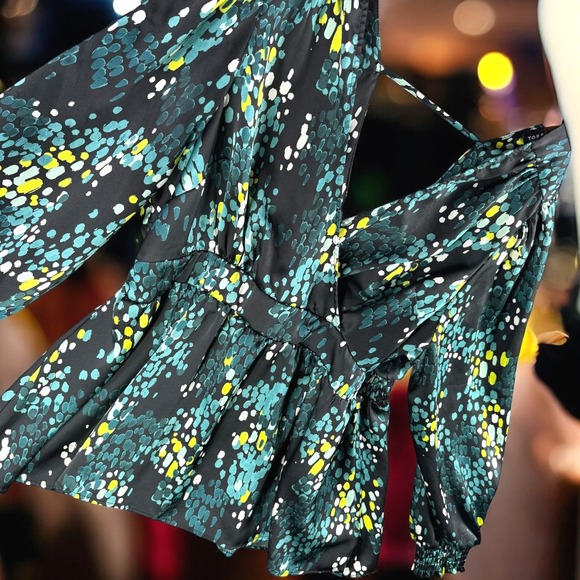 torrid Tops - Torrid Blouse Women 1 Teal Abstract Spot Print Tie Back Long Sleeve Peplum